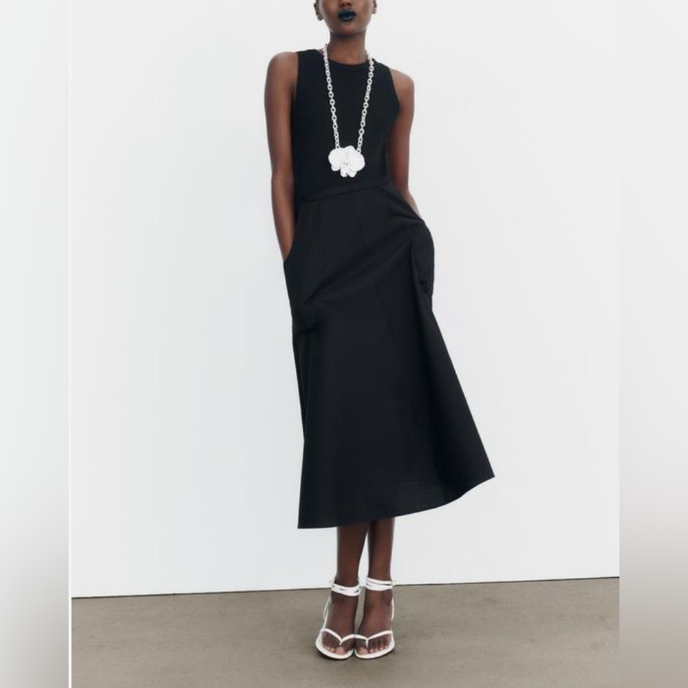 ZARA Contrast Midi Dress With Pockets Black Size S Ribbed High Neck size S